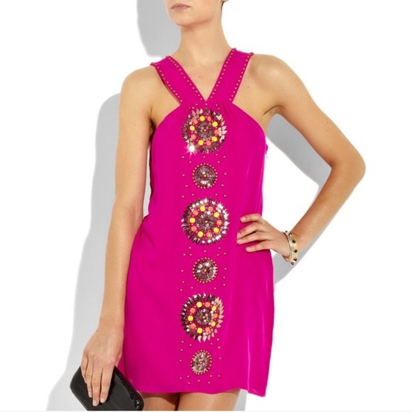 Tibi Pink Sequin Beaded Medallion Silk Dress - Picture 1 of 8